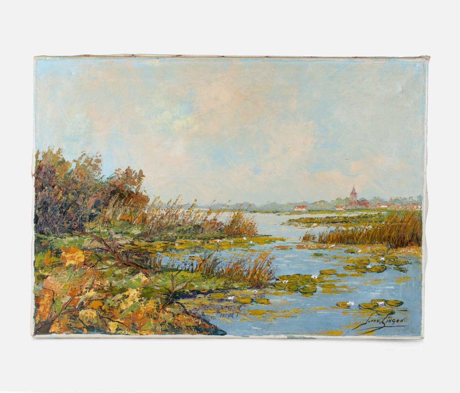 Tress On Riverbed - Landscape Painting On Canvas Multi